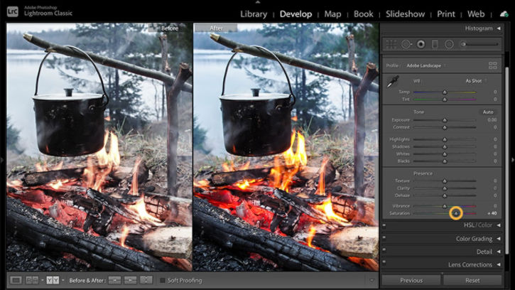 Before and after versions of a campfire image, illustrating how adjustments to Saturation levels improve the colors in the photo.