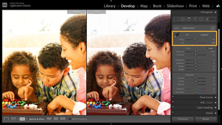 Before-and-after versions of a family photo show how adjustments to the White Balance levels can dramatically improve the color in a scene.