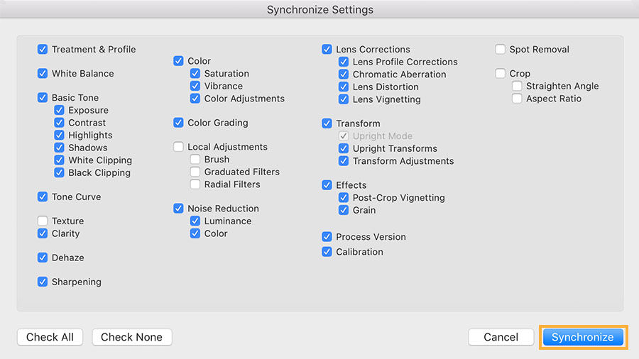 A view of the Synchronize Settings dialog showing all the different develop settings that can be synchronized across multiple photos.