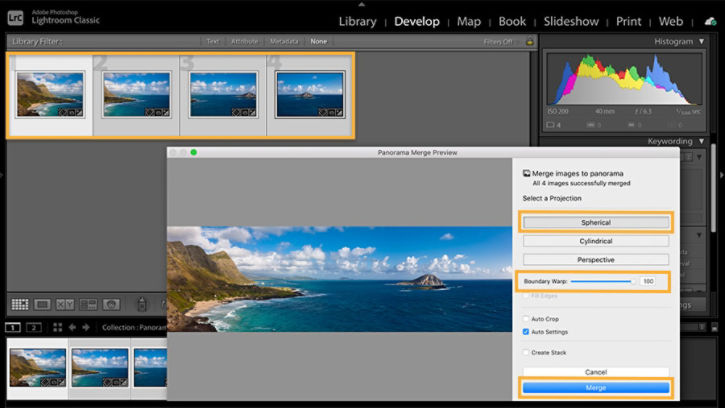 A view of the Merge to Panorama preview dialog showing the settings used to merge 4 photos of a coastal landscape into a single panorama image.