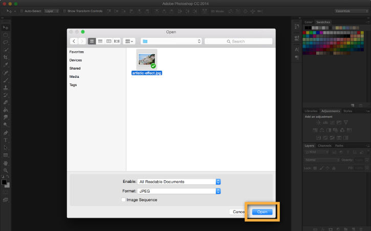 Landscape photo is selected in File > Open menu in Photoshop.
