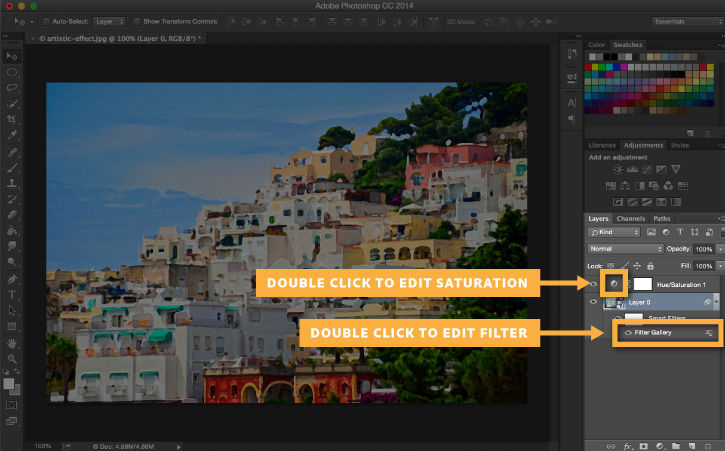 The Hue/Saturation adjustment and Dry Brush filters may be edited through the Layers panel. The original image is preserved.