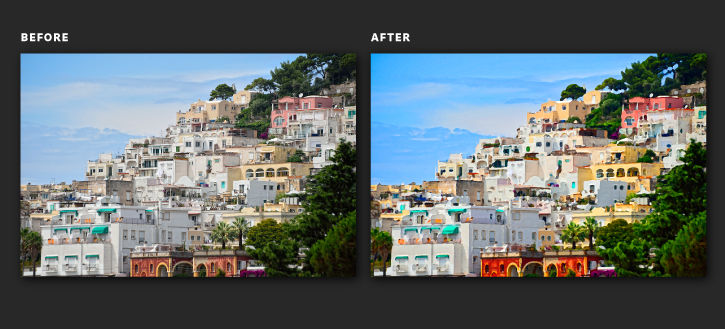 Left: Before image of coastal town on hillside. Right: After image of coastal town has vibrant colors and appears painted.
