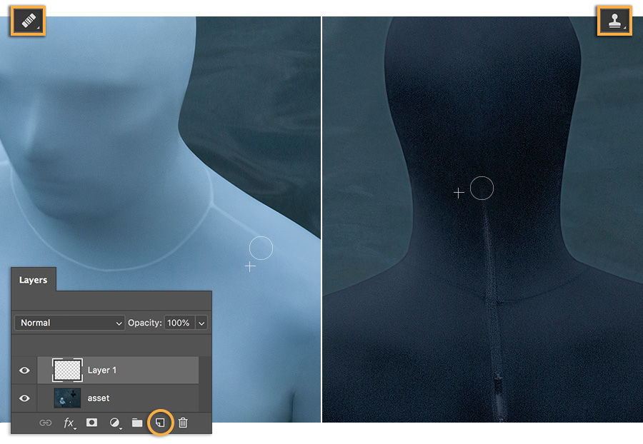 Artwork of men in bodysuits, seams and zippers visible. Healing brush selected, crosshairs mark the source point by blemishes