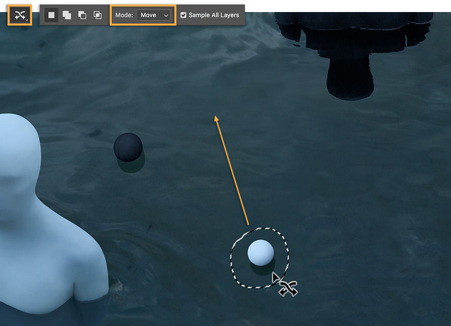 Content-Aware tool under Healing Brush menu is selected, mode set to Move, selection drawn around object to move