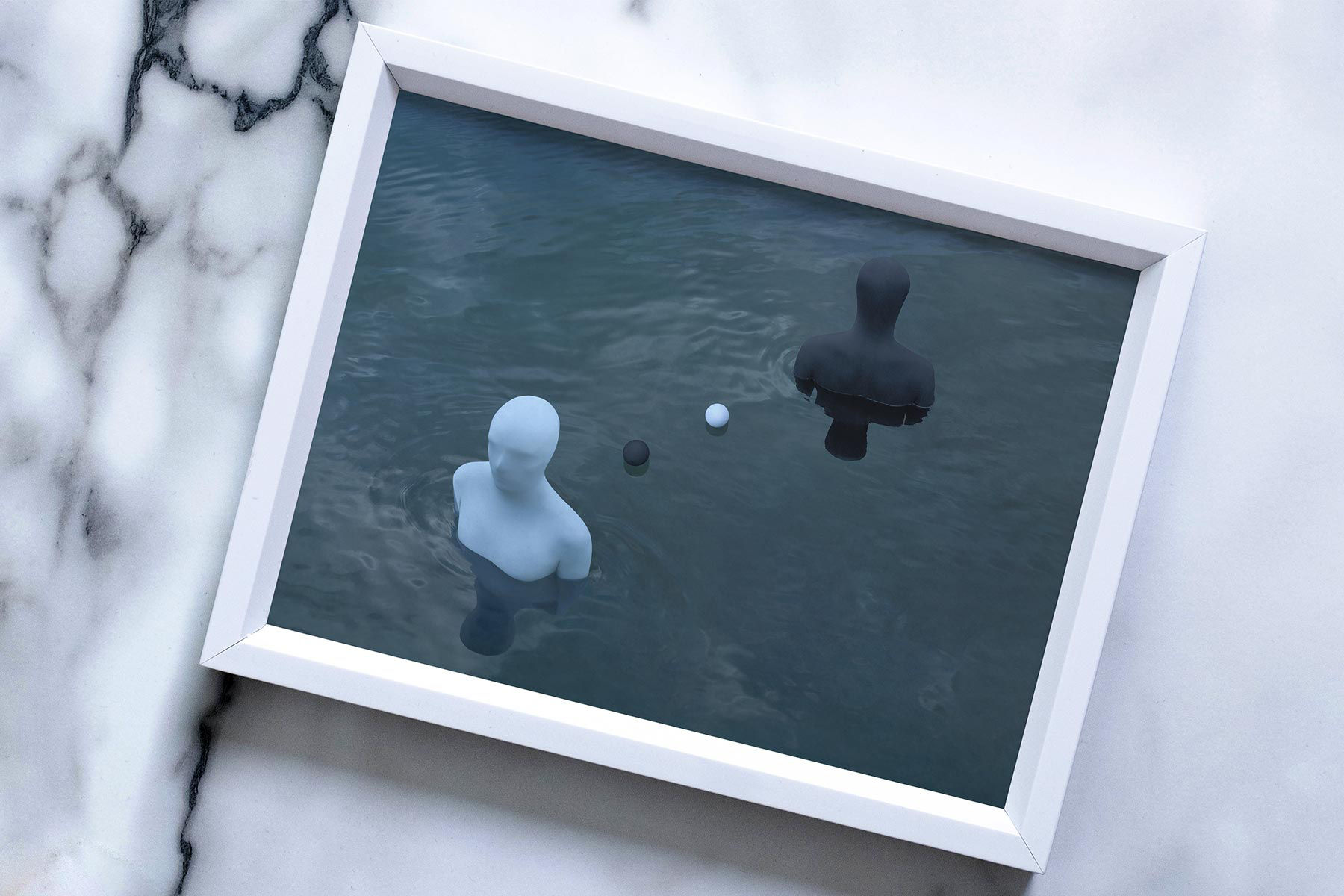 Framed artwork on marble slab of two men in solid black and white bodysuits and two solid black and white balls in water 