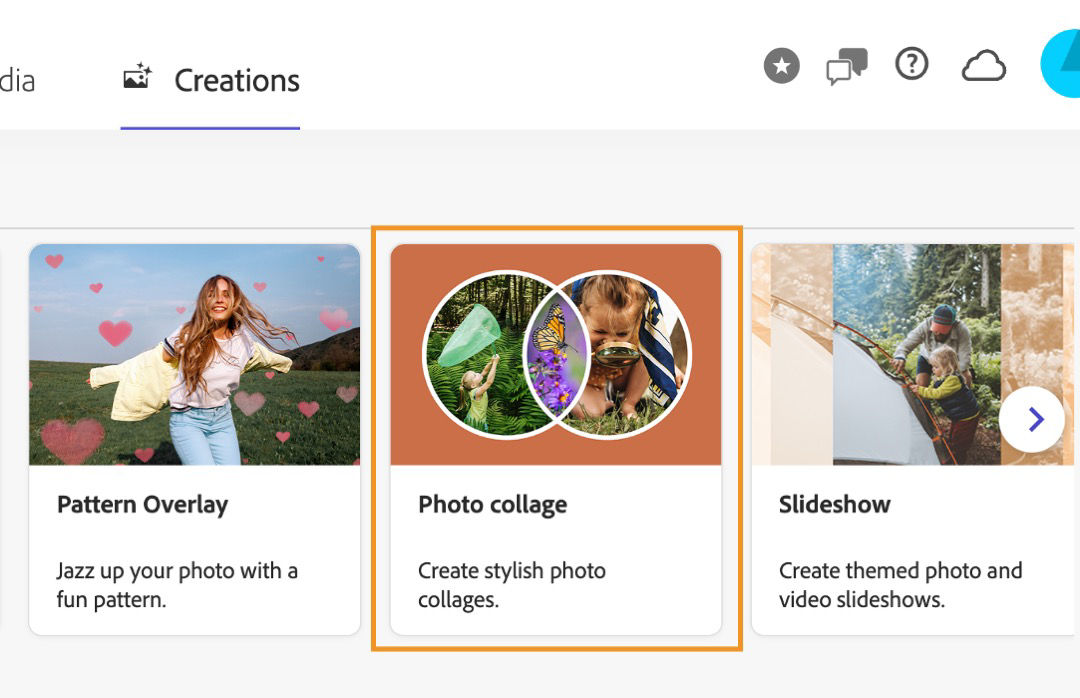 Use the Creations screen to create slideshows and photo collages.