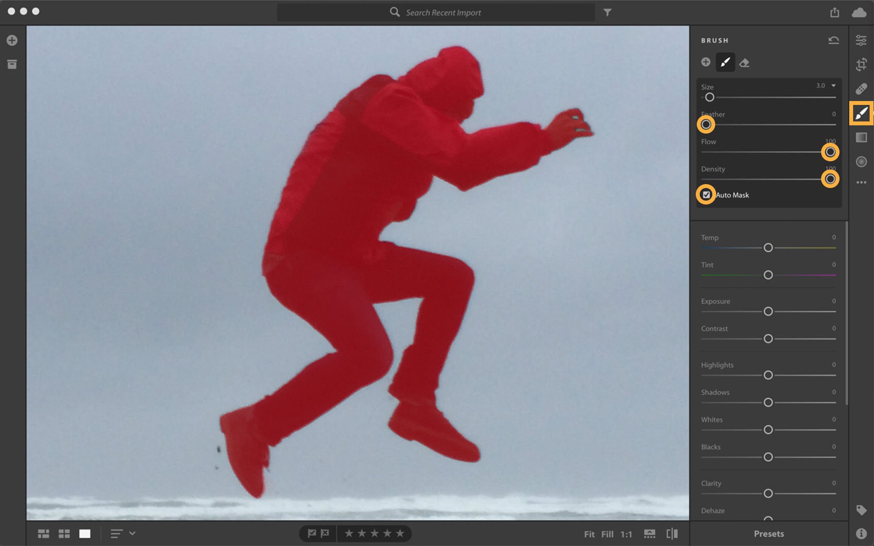 Man jumping is highlighted using the Brush tool with Auto Mask. Brush slider options are open to the right.