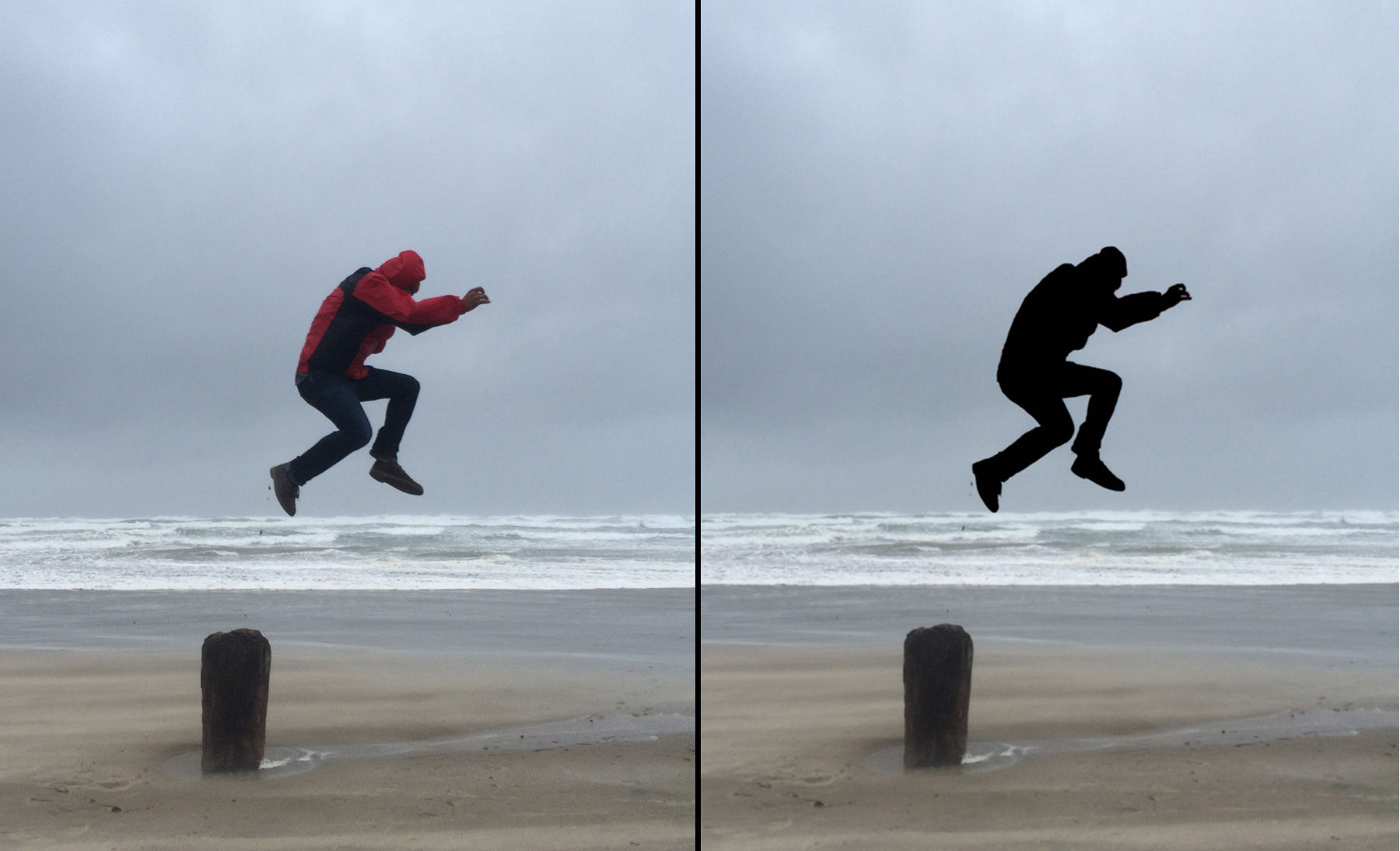 Left: Man with red jacket and jeans jumps over a post on the beach. Right: Man’s shape is turned into a black silhouette.