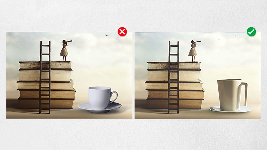 Two similar collages of a stack of books with a ladder, a woman, and a coffee cup illustrating matching light quality