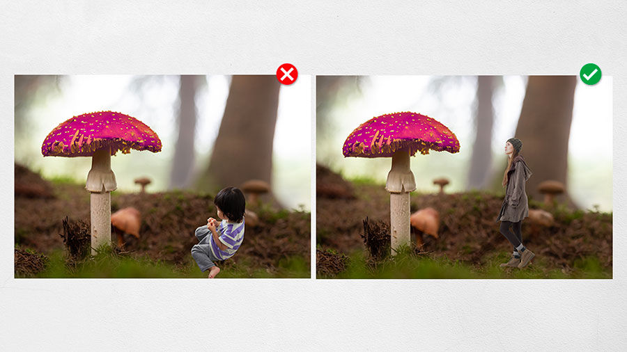 Two similar collages of a person and a magical mushroom illustrating proper scale
