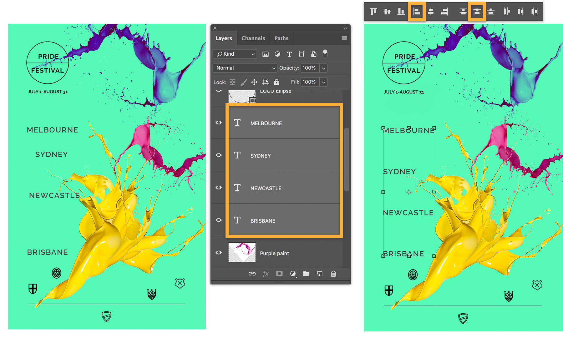 Text is distributed vertically and aligned along the left with Align Left Edges and Distribute Vertical Centers