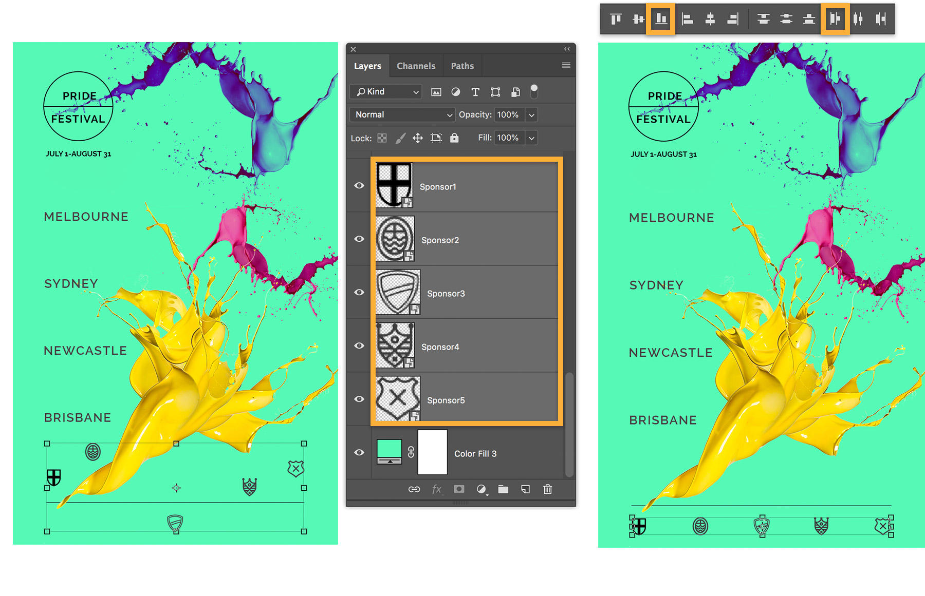 Text is distributed horizontally and aligned along the bottom with Align Bottom Edges and Distribute Left Edges.