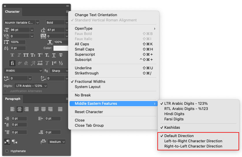 Character direction in Photoshop