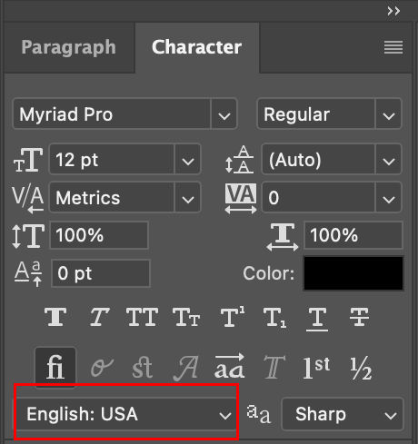 Définition de la langue dans le panneau Caractère