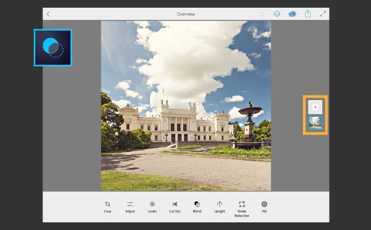 Photoshop Mix app displays a road leading to a white building on a college campus 
