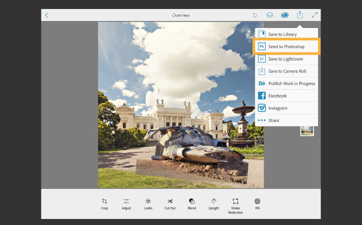 Spaceship is scaled and repositioned to fit more naturally, image is sent to Photoshop through the share icon