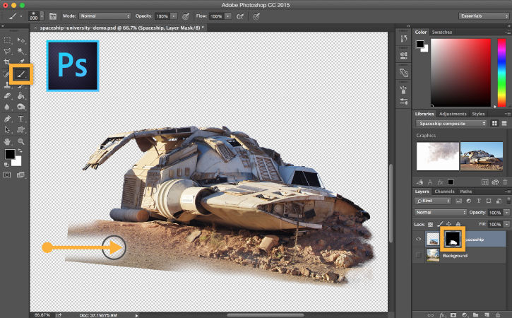 Mask layer is added to the spaceship through the Layers panel. Black is painted on the mask layer at 5% to smooth hard edges