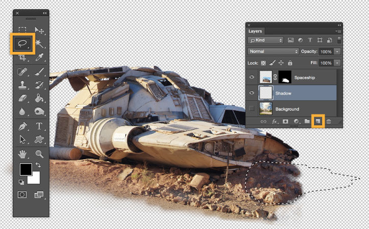 A new layer is created and the lasso tool used to draw a shadow beneath the spaceship.