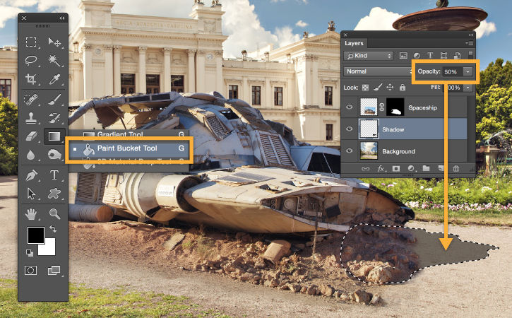 The shadow layer opacity is set to 50% for a more natural look and paint bucket is used to fill the selection.