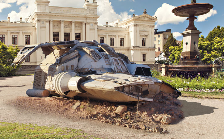 Spaceship appears to have landed in front of campus building. 