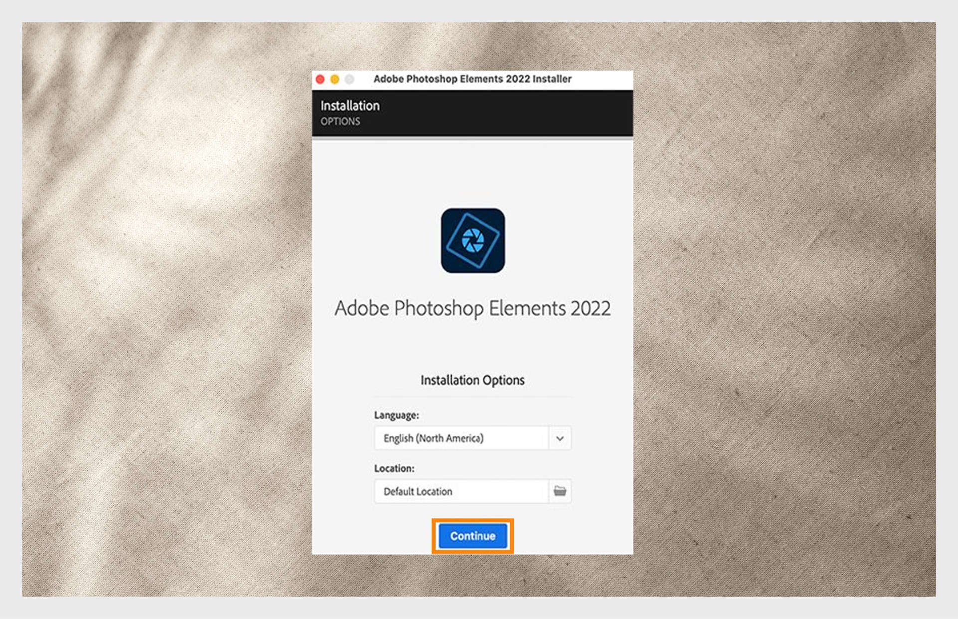 The Installation Options window shows the drop-down menu to select language and the option to select the install location for Photoshop Elements. 
