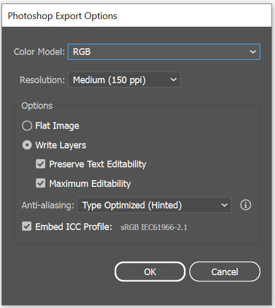 Photoshop Export Options dialog box