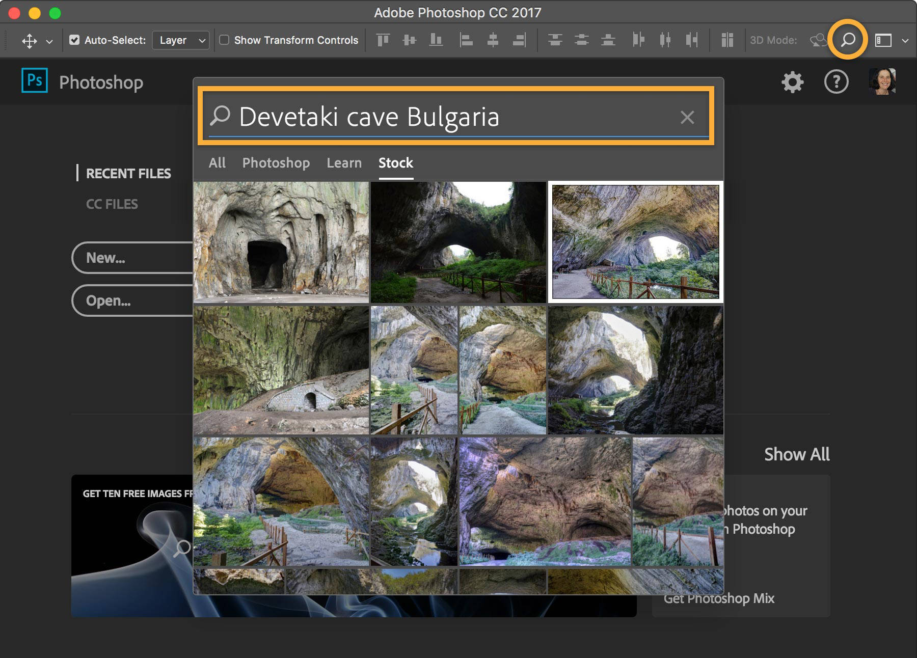 Several images of caves are displayed in the Libraries panel after using the Search function, a magnifying glass icon.