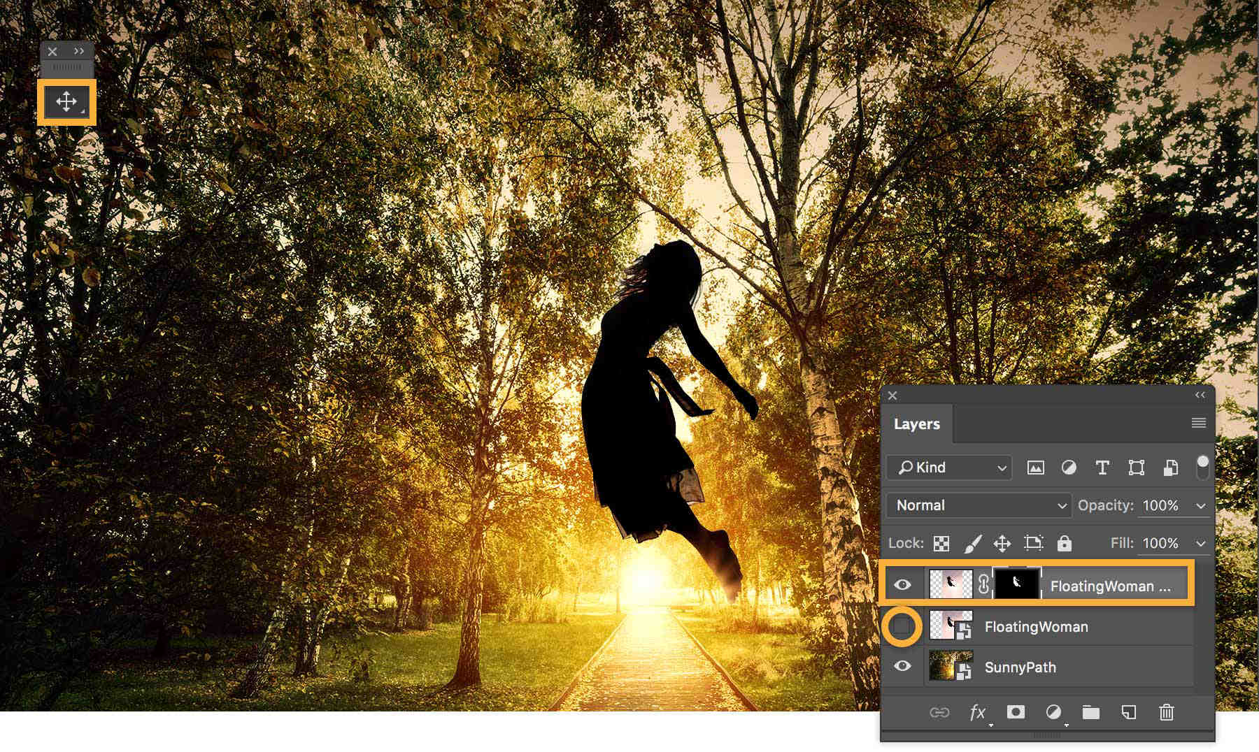 Woman jumping, woman with layer mask, and sunny path images are on separate layers. Original woman jumping image is hidden.