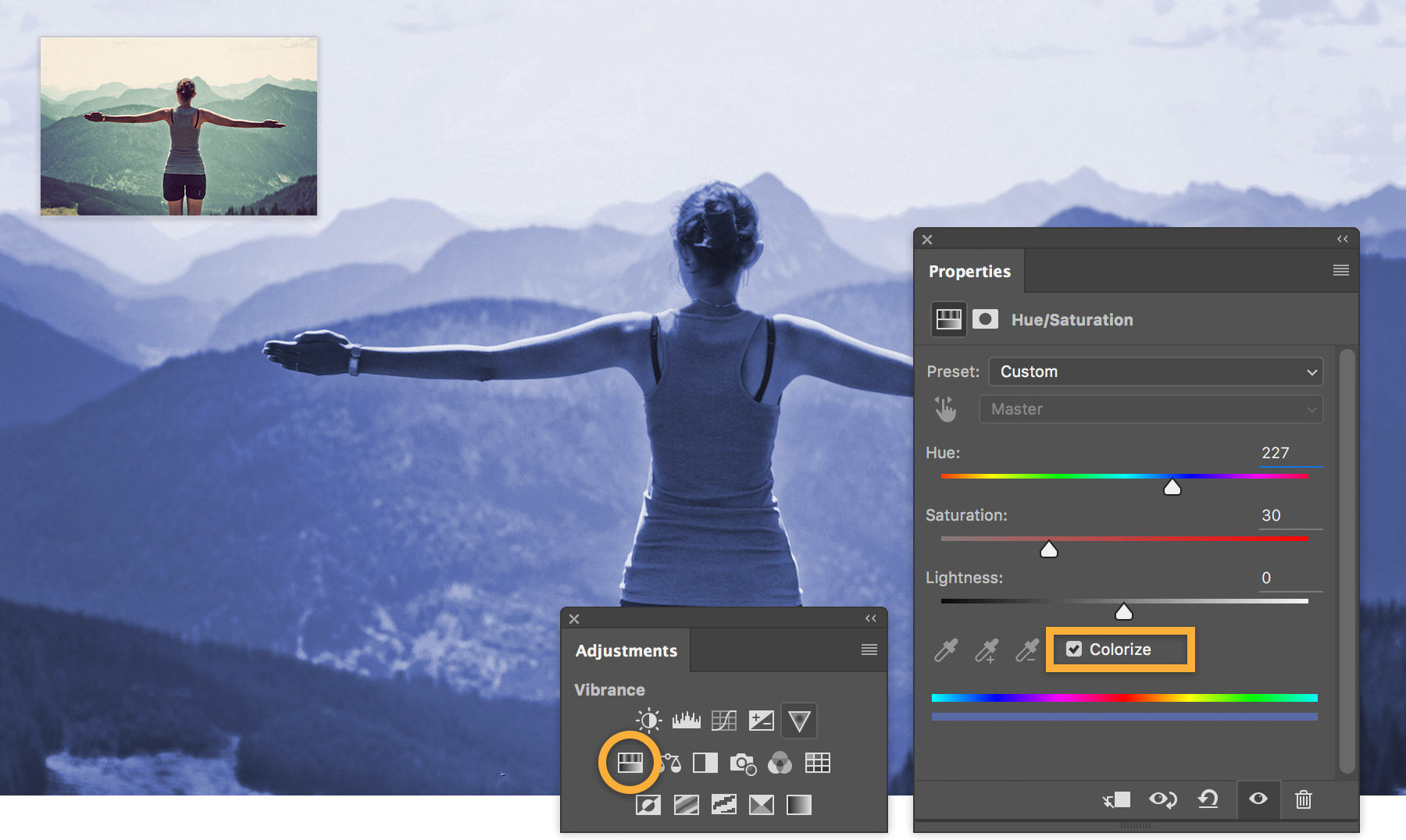 Woman with outstretched arms overlooks a mountain range. Adjustments are made to Hue, Saturation, Lightness, Colorize. 