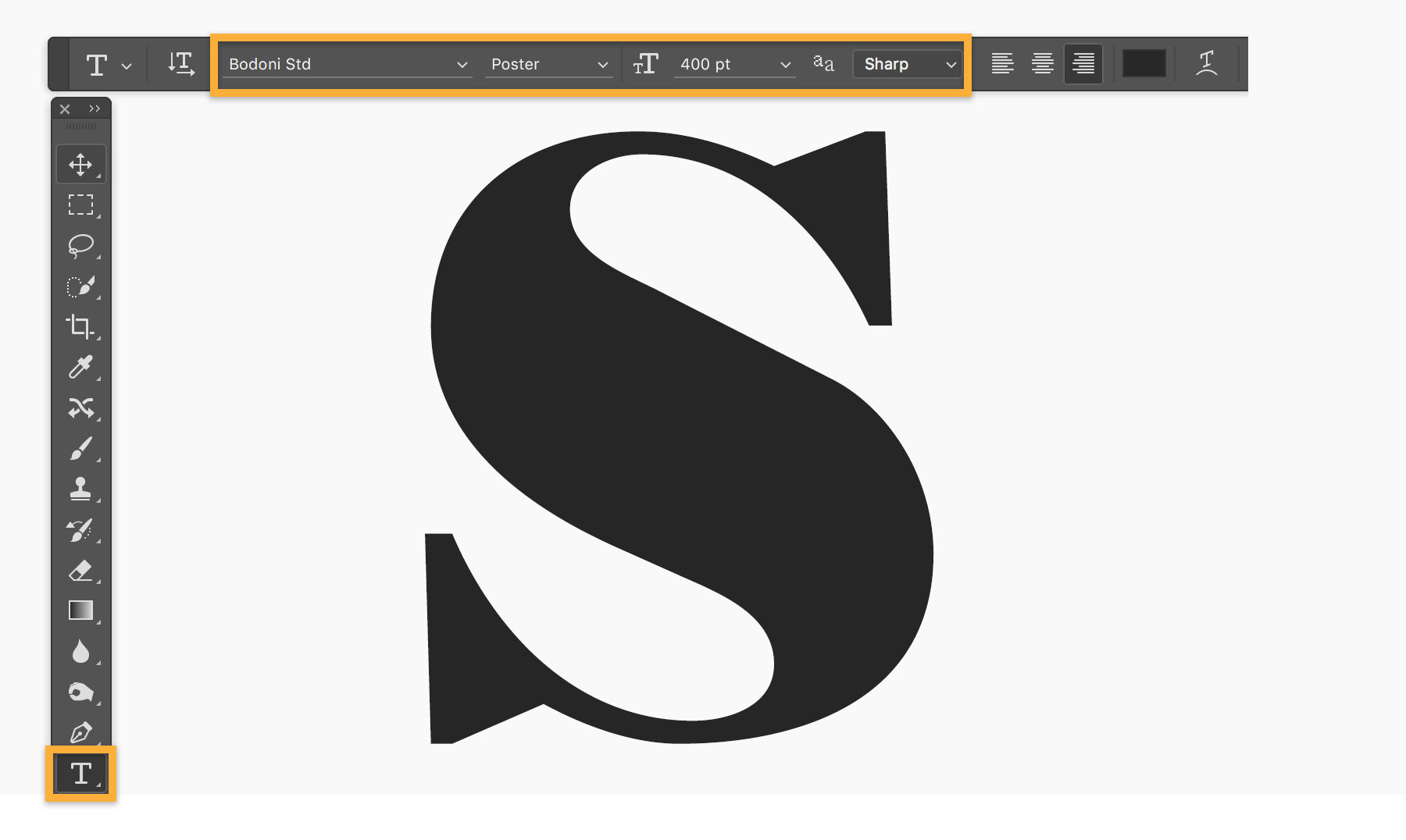 Black letter S in a serif type face on canvas at 400 pt. Type tool is selected and font settings options are highlighted.