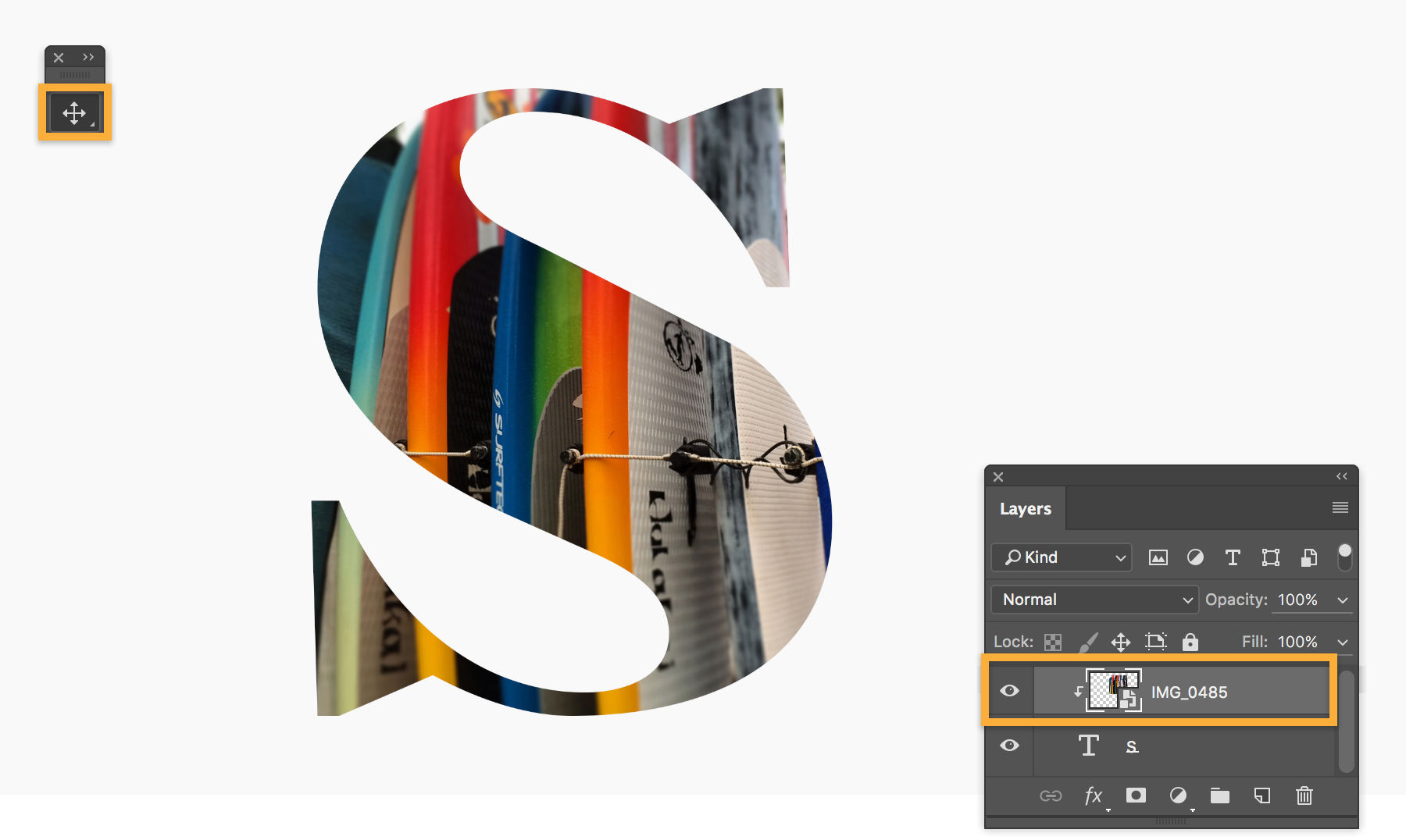 The letter S is used as a clipping mask for the surfboards. The surfboard image only appears within the letter. 