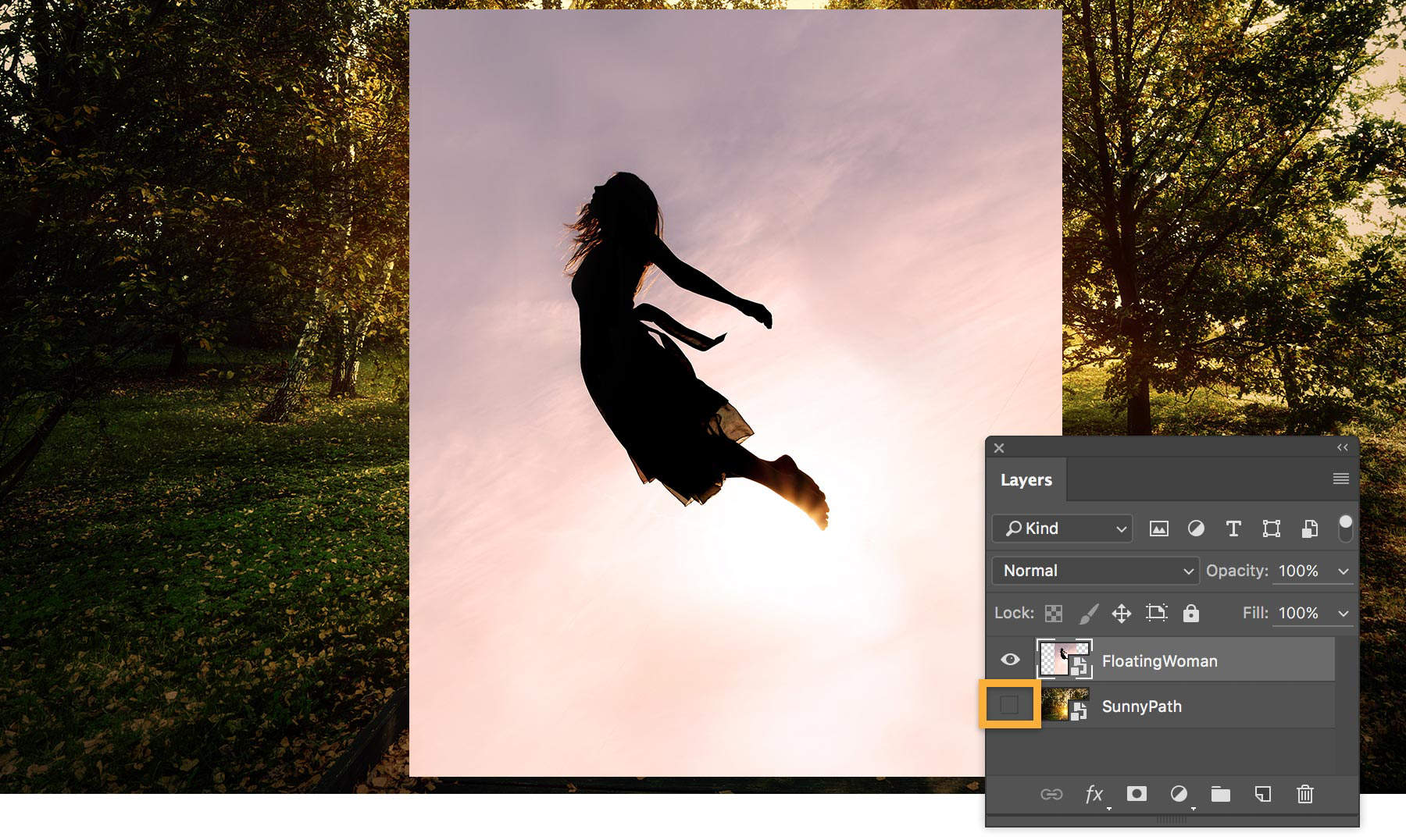 Images of a woman jumping into the air and a lighted path are on two separate layers. The woman is on the top layer.