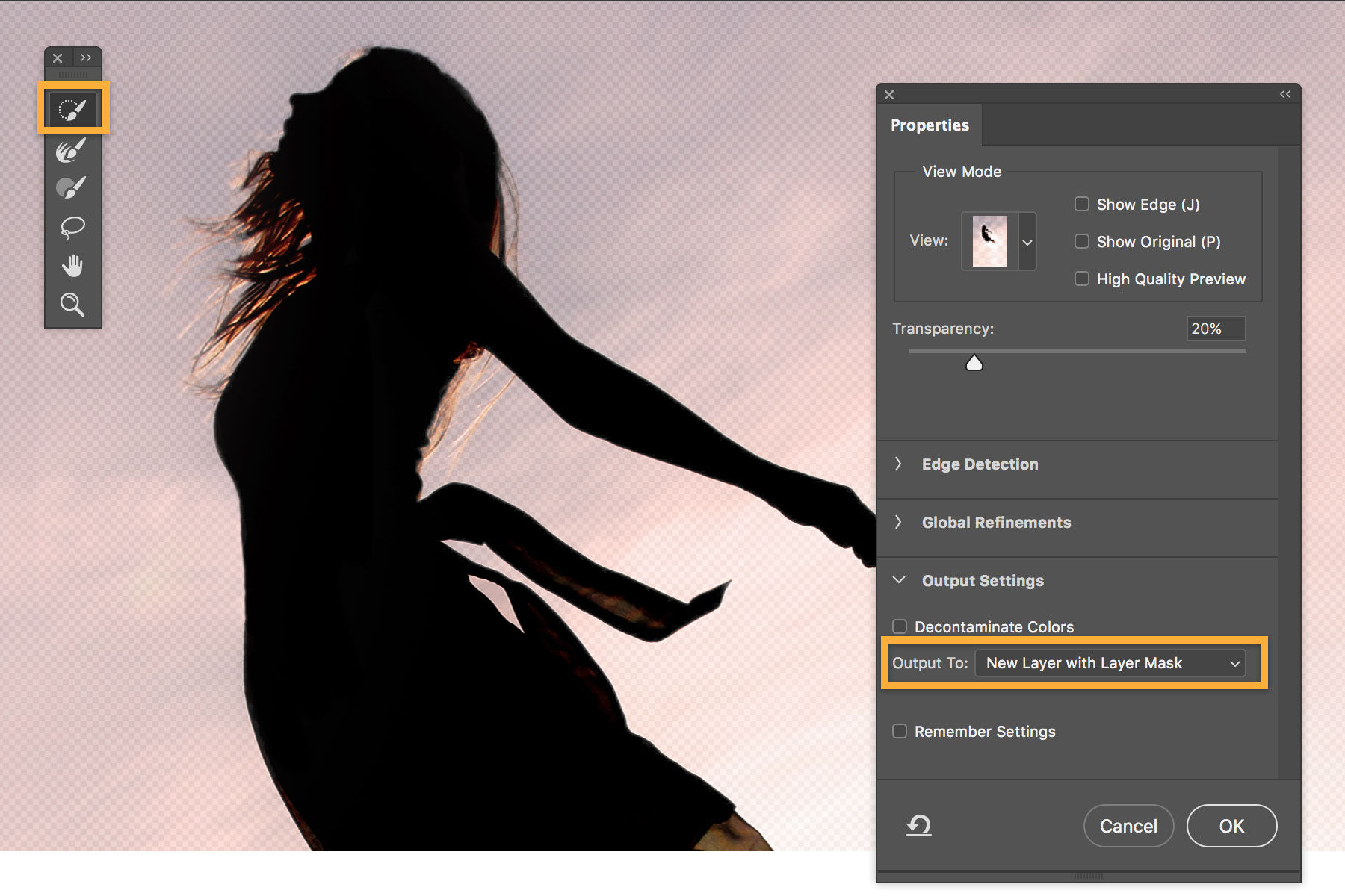 Woman is selected with the quick selection tool, and Output to New Layer with Layer Mask is selected. 