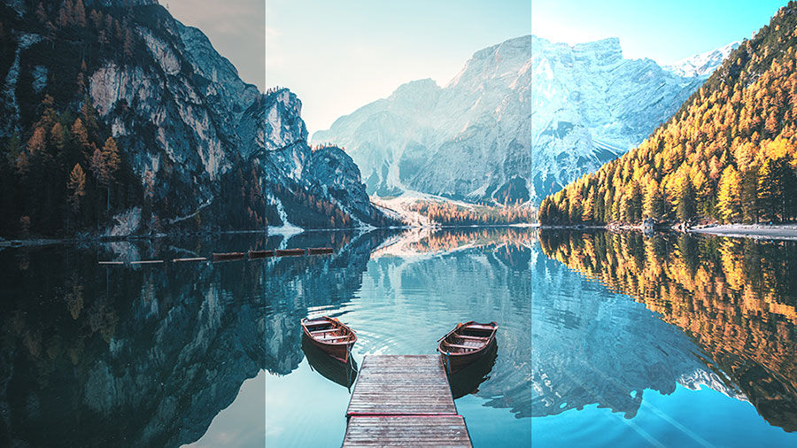 Photo of a peaceful river scene showing three different exposure settings