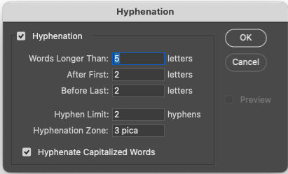 Paragraph > Hyphenation Dialog
