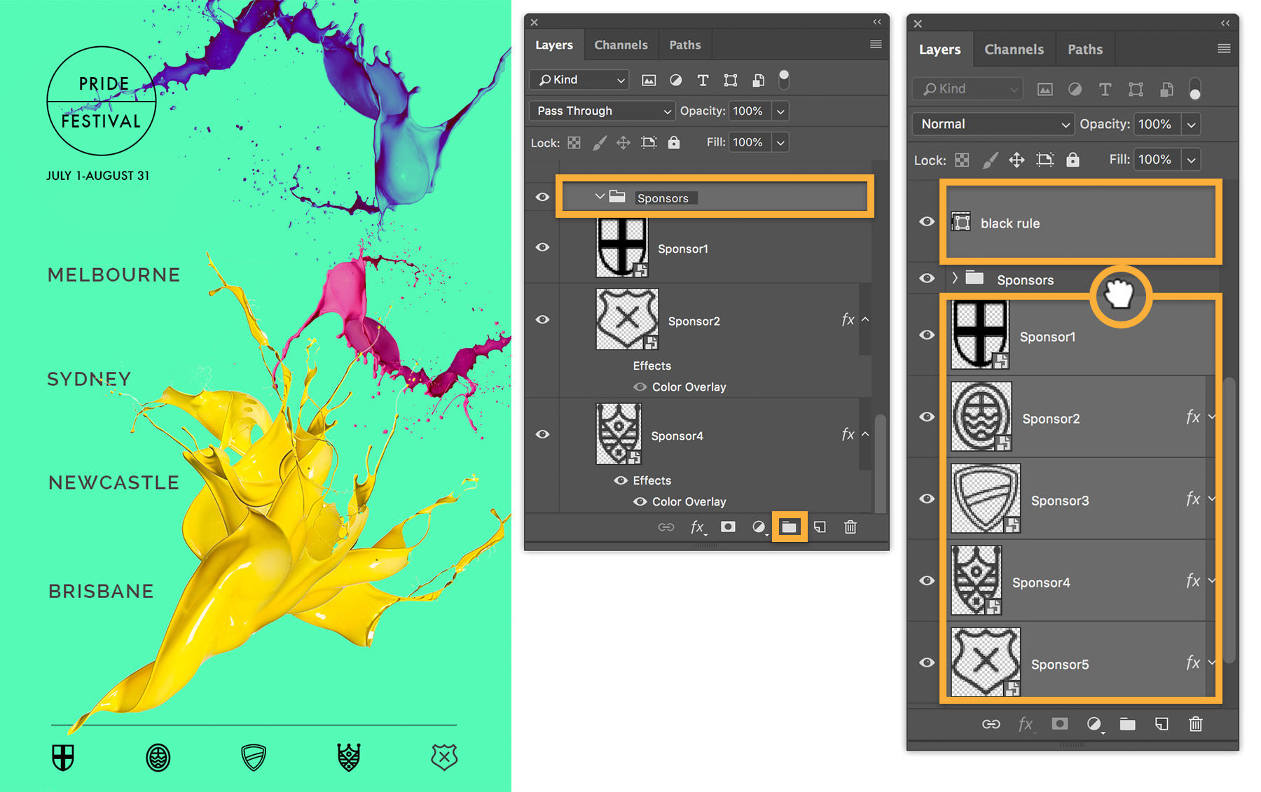 Create a New Group folder icon is highlighted, layer is named, multiple layers are selected and dragged into the new group