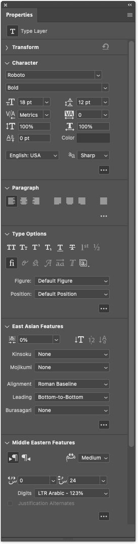 Panneau Propriétés du calque de texte dans Photoshop 