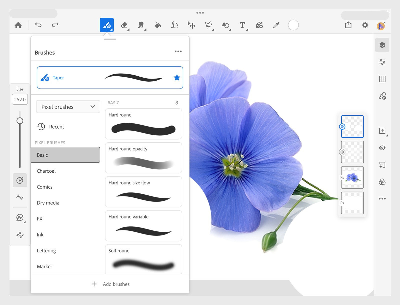 The brushes panel is open and is displaying various pixel brush names with the relevant brush image. 