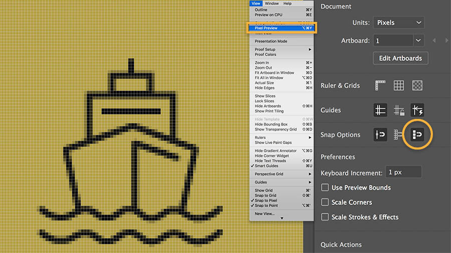 Pixel Preview is enabled to show how the image of a ship will appear when rasterized. 