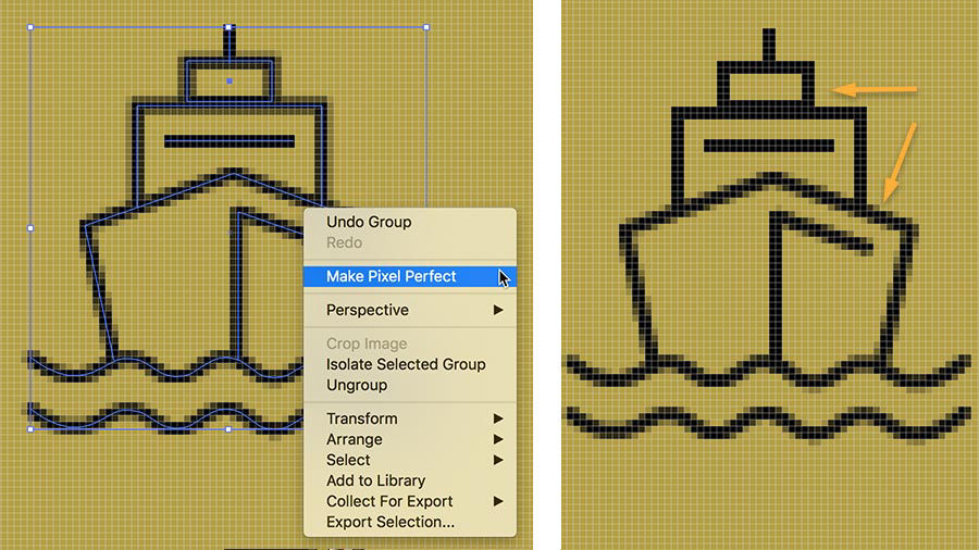 Pixelated ship drawing is made crisper by selecting Make Pixel Perfect 
