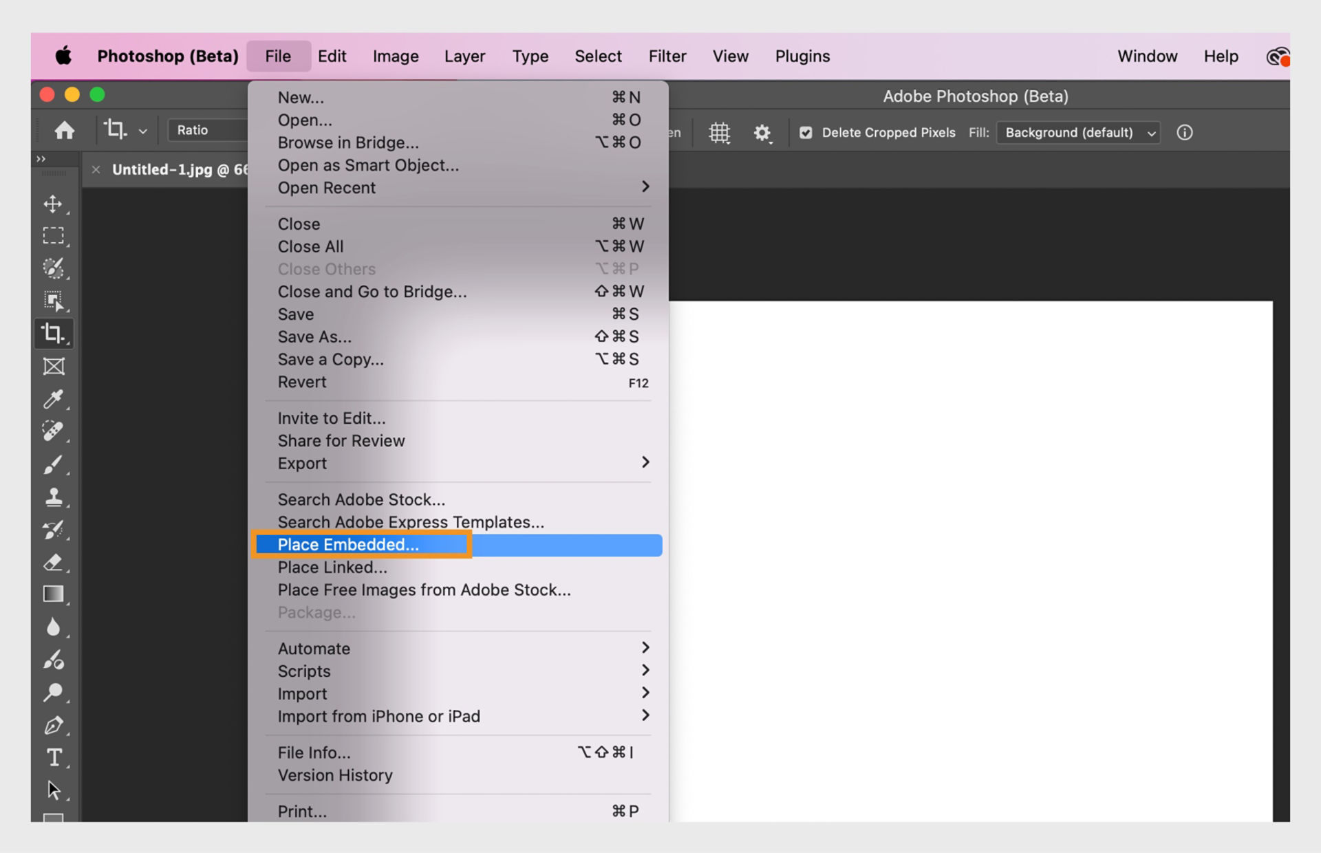برنامج Photoshop (الإصدار Beta) يبرز الخيار &quot;Place Embedded&quot; لإدراج ملف في المستند كطبقة منفصلة.