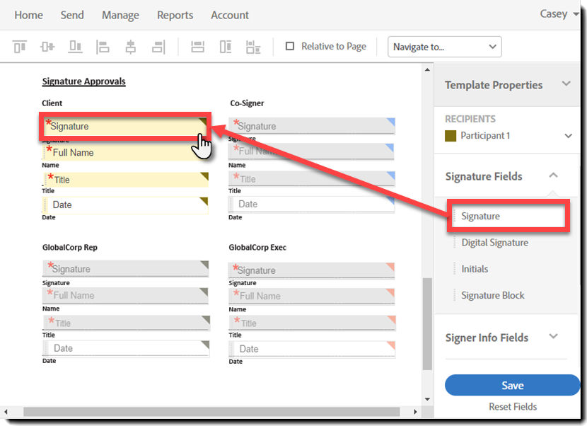 Placing a field on a template