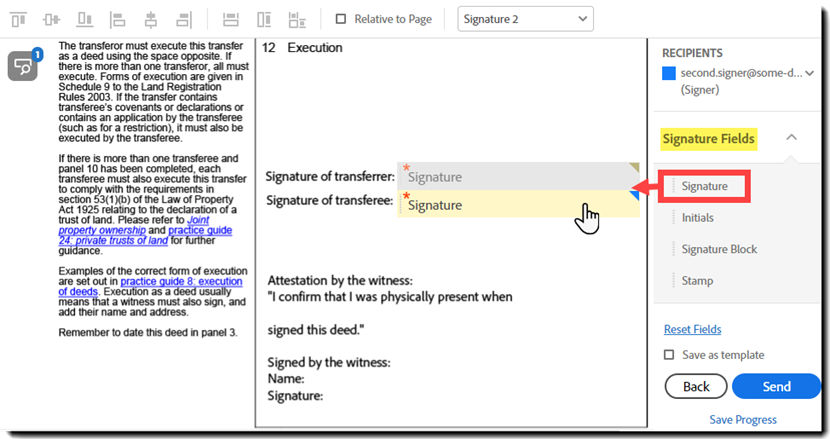 Place signature fields