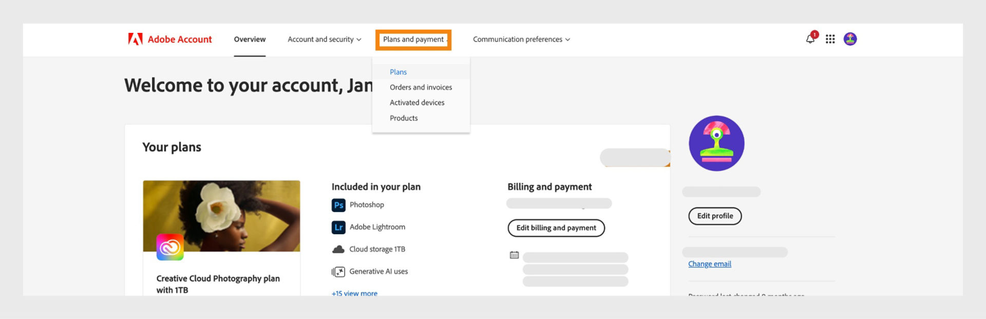 Adobe Account page highlighting Plans and payment tab, displaying subscription details for the Creative Cloud Photography plan.