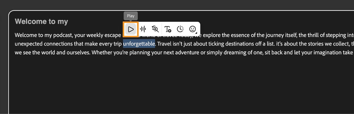The Generate speech page displays the text editor window with the Play button highlighted to preview voice output.