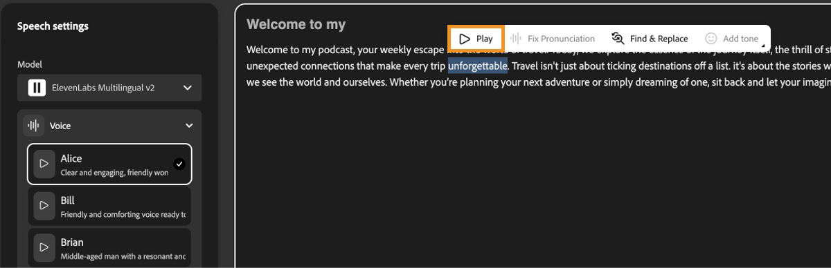 Text-to-speech screen displays the text editor window with the Play button highlighted to preview voice output.