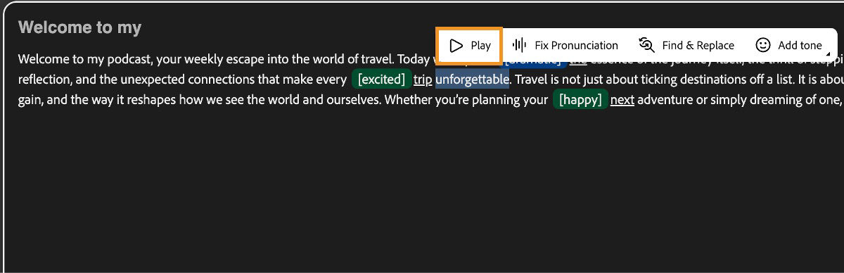 The Generate speech page displays the text editor window with the Play button highlighted to preview voice output.