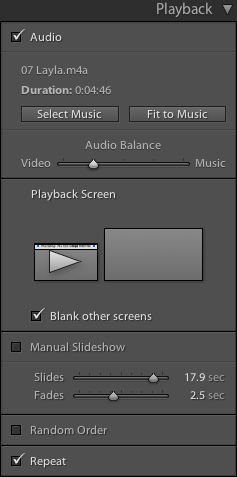 Lightroom Classic CC Slideshow module Playback panel