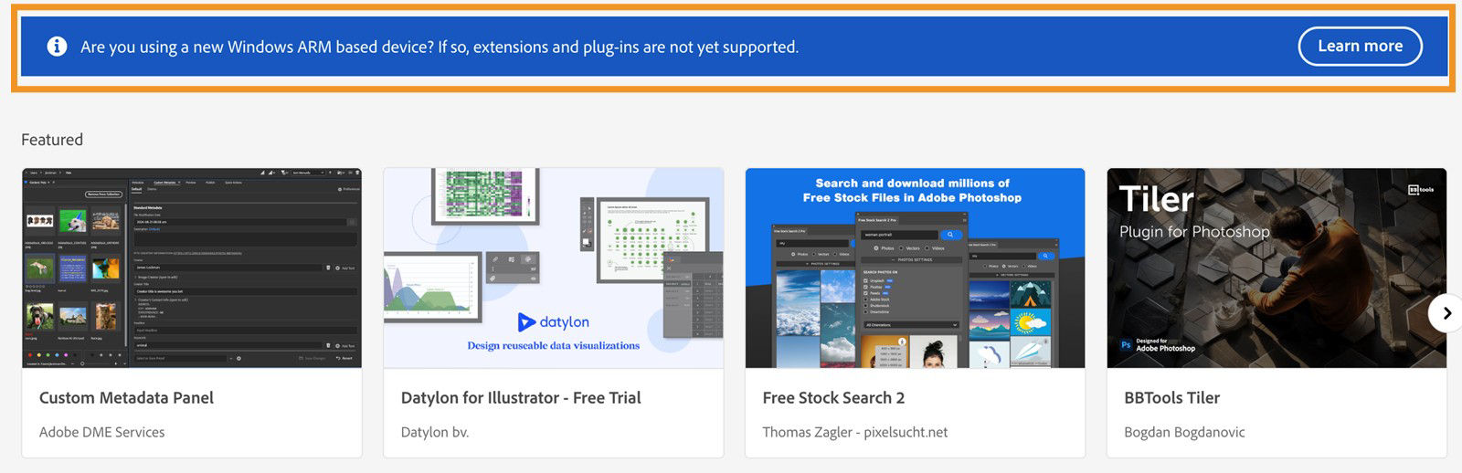 Creative Cloud desktop app Stock & Marketplace screen with banner notice about extensions and plug-ins on Windows ARM.